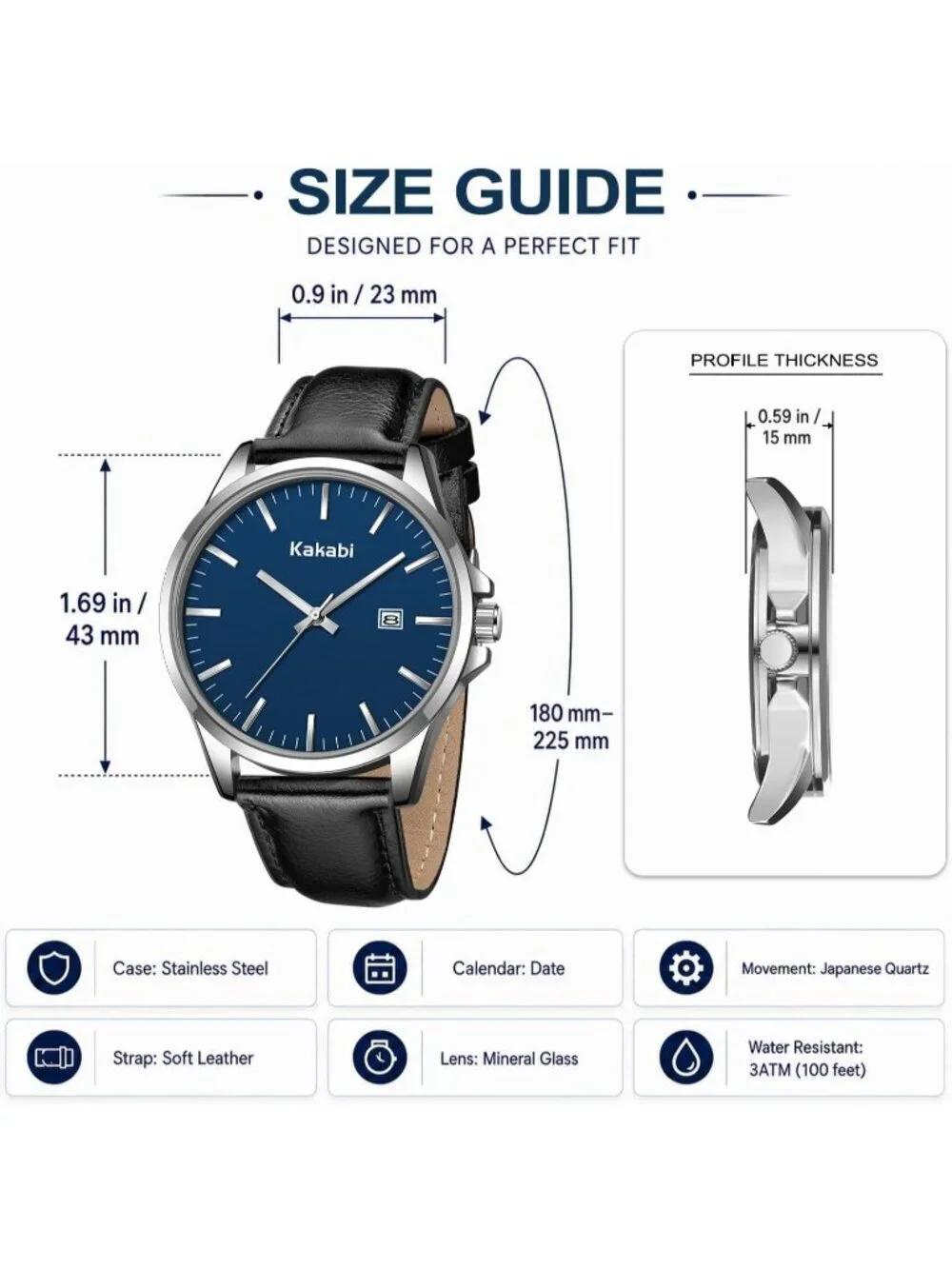 Men's Black Blue Minimalist Fashion Leather Strap Classic Analog Quartz Watch